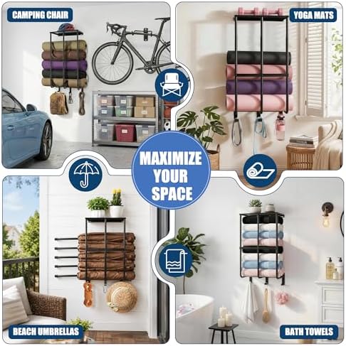 2 Pack Camping Chair Storage for Garage, Metal Camping Chair Rack for Garage Storage, Beach Chair Rack, Umbrella Holder, Wall Holder Rack with Floating Shelf & 3 Hooks for Garage Organizer - Image 3