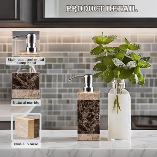 Hand Liquid&Lotion Soap Dispenser Pump Bottle Natural Marble for Kitchen Bathroom Countertop Laundry Room Holds Dish Soap Shampoo Laundry Liquid Shower Gel(Coffee Colour) - Image 2