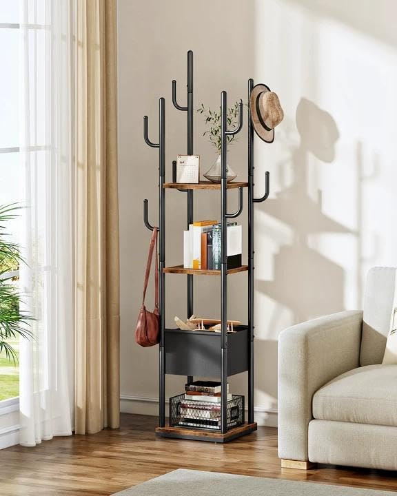CHOEZON Coat Rack Freestanding, Coat Rack with 3 Shelves, 8 Hooks and 1 Fabric Pouch, Square Coat Hanger Stand, Metal Clothes Tree for Living Room, Bedroom, Entryway, Rustic Brown and Black TYM03BF - Image 3
