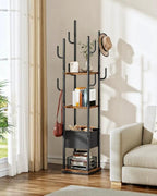 CHOEZON Coat Rack Freestanding, Coat Rack with 3 Shelves, 8 Hooks and 1 Fabric Pouch, Square Coat Hanger Stand, Metal Clothes Tree for Living Room, Bedroom, Entryway, Rustic Brown and Black TYM03BF - Image 3