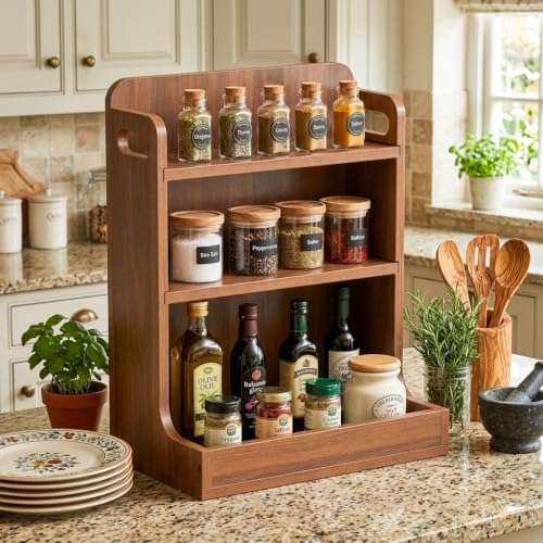Solid Wood 3-Tier Spice Rack Countertop Organizer Kitchen Storage Shelf by RICHTOER