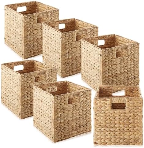 Casafield 10.5" x 10.5" Water Hyacinth Storage Baskets, Natural - Set of 6 Collapsible Cube Organizers, Woven Bins for Bathroom, Bedroom, Laundry, Pantry, Shelves by Casafield