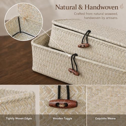YANGQIHOME Set of 2 Seagrass Baskets with Lids, Rectangular Woven Storage Baskets, Natural Wicker Basket Boxes for Coffee Table, Shelf, Bathroom Counter & Closet Decor (Whitewashed, Set of 2) - Image 6