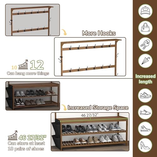 AMBIRD 6-in-1 Bamboo Hall Tree with Shoe Storage, Entryway Organizer Shoe Bench with 16 Coat Hooks and Cloth Bag, Sturdy Bamboo Storage Bench, 46 * 15 * 70 inches Brown - Image 6