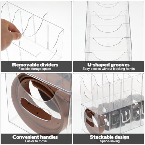 3 Pack Acrylic Belt Organizer Clear Stackable Belt Storage Holder Purse Organizer for Closet - 5 Compartments with Removable Dividers,Display Case Pantry Cabinet Organizers for Ties,Socks,Underwear - Image 4