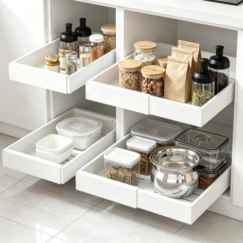 DEKAVA 4 Pack Pull Out Cabinet Organizer Expandable, Adhesive with Nano Film, Pull Out Drawers for Cabinets in Kitchen, Pantry or Bathroom (White, 21“DEEPX[12"-20'']Width-4PACK) by DEKAVA