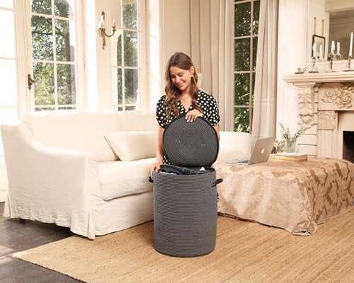 16"x20" Extra Large Cotton Rope Basket with Zipper Lid, Woven Laundry Hamper and Blanket Storage Basket, Round Clothes Bin for Living Room Bedroom, Dark Grey - Image 5