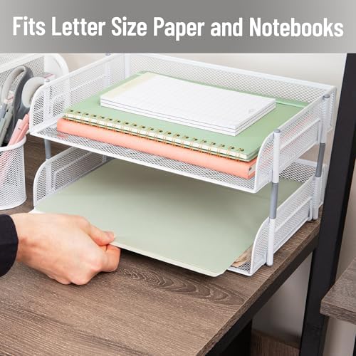 Mind Reader Stackable Paper Tray, Desktop Organizer, File Storage, Office, Metal Mesh, 13.5" L x 10" W x 7.25" H, 2 Pcs., White - Image 6