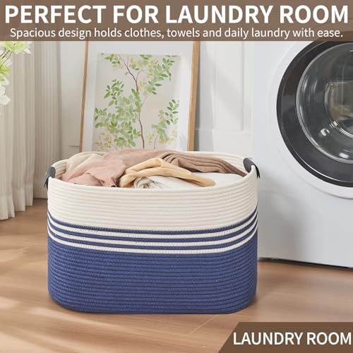 Laundry Hamper with Handles, 72L Rope Laundry Basket, Dark Blue & White - Image 5