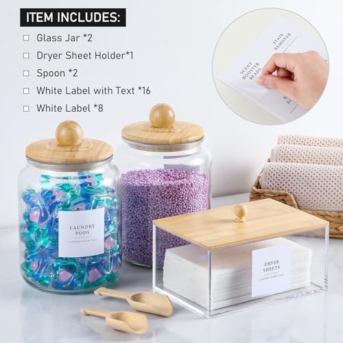 Glass Jars and Dryer Sheet Holder with Bamboo Lids, Dispenser Set and Labels, Containers for Laundry Room Organization and Storage, Half Gallon Airtight jars, Acrylic Storage Box for Laundry supplies - Image 2