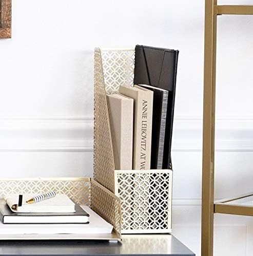 BLU MONACO | Gold Metal Magazine File Holder | Decorative Vertical File Organizer & Book Holder for Desk, Shelves & Office | Stylish Paper Organizer & Workspace Storage - Image 2