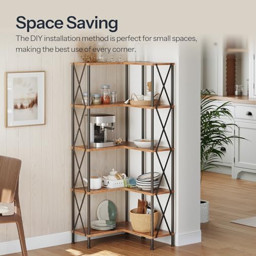 HOOBRO Corner Bookshelf, 5-Tier L-Shaped Bookcase, Industrial Open Display Shelf Tall Storage Organizer, Vertical Storage Rack, for Living Room, Home Office, Rustic Brown and Black BF60SJ01 - Image 3
