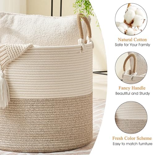 KAKAMAY Large Blanket Basket (18"x18"x16"), Woven Baby Laundry Hamper for Storage, Cotton Rope Basket for Nursery, Laundry, Living Room, Pillows, Baby Toy Chest with Handles (Black Stripes) - Image 2