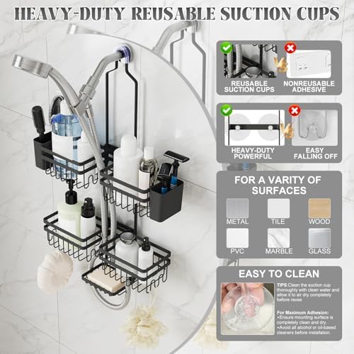 Shower Caddy Hanging for Bathroom Organizers and Storage - 3-Tier Adjustable Anti-Swing Shower Organizer Hanging with Heavy-Duty Suction Cups, Damage-Free Rustproof (Black) - Image 4