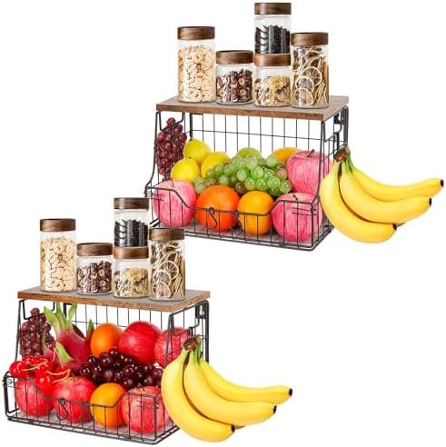 Livabber Fruit Basket for Kitchen, Metal Fruit Vegetable Storage Bin with 2 Banana Hangers, Countertop Wire Basket Organizer for Snack Potato Onion, Screw Mounted or Stand (Black, 2 Pack) by Livabber