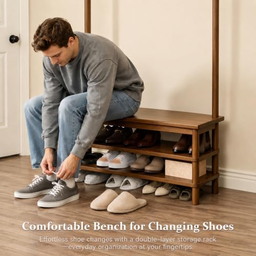 Solid Wood Hall Tree with Bench, Shoe Rack & 11 Hooks 35.0'' - Image 5