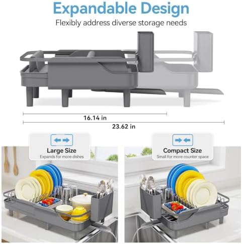 Urackify Expandable Dish Drying Rack for Small Kitchen Counter, Matte Grey - Image 2