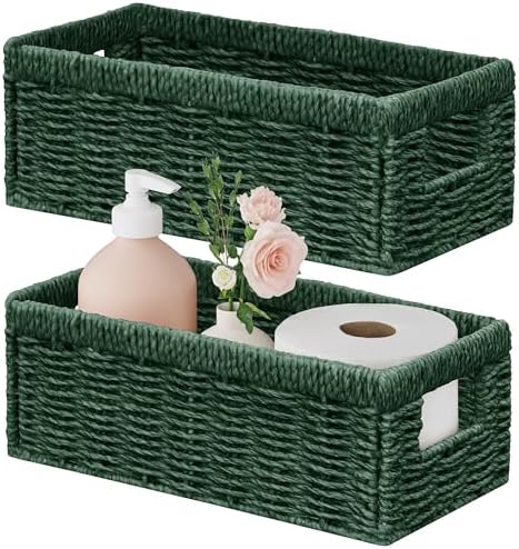 Vagusicc Wicker Storage Basket, Set of 2 Hand Woven Wicker Baskets for Organizing with Handles, Decorative Small Storage Bins for Countertop Toilet Paper Basket for Toilet Tank Top, Shelves, Green by Vagusicc