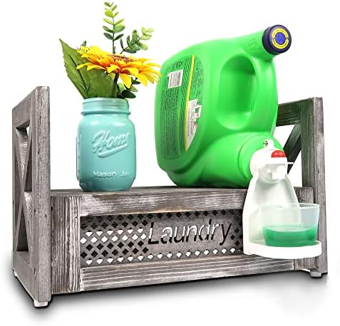 Wooden Laundry Detergent Holder – Rustic Farmhouse Laundry Shelf for Two Detergent Bottles, Laundry Room Storage and Décor, Countertop Organizer with Drip Tray & Cup Holders - Image 2