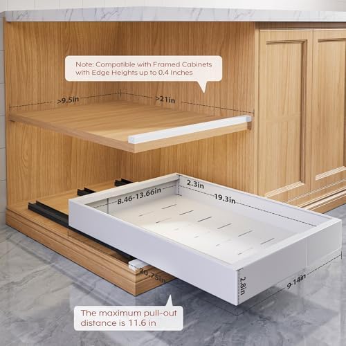 Seinloes 2 Pack Pull Out Cabinet Organizers 21" Deep With Raising Pad for Framed Cabinets, Expandable Width (9"-14") Slide Out Drawers Upgrade 3 Slide Rails, Roll Out Shelves Adhesive, White - Image 4