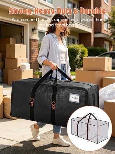 SWEET DOLPHIN 12 Pack 200LB Heavy-Duty Moving Bags with Wrap-Around Handles, Extra Large Storage Totes for Space Saving, Clothes Storage Bags, College Dorm Essentials, Black, 24 Gal - Image 2