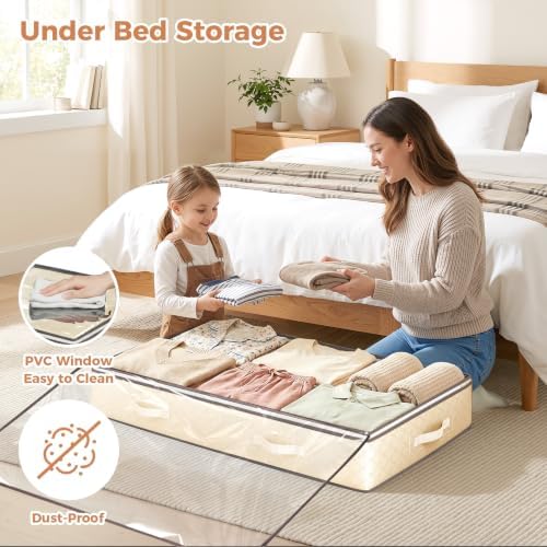 Budding Joy 95L Underbed Storage Containers, 4 Pack Closet Organizers Beige - Image 2