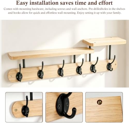 Coat Rack Wall Mount 23" Coat Rack Wall Mount with Shelf for Entryway, Rustic (Natural Color) - Image 4