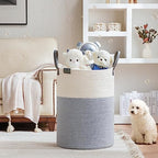 VIPOSCO 100L Tall Woven Rope Laundry Hamper, Leather Handles, Grey & White - Image 2
