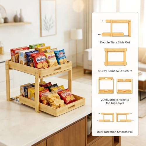 Bamboo Under Bathroom Sink Organizer - 2-Tier Pull Out Kitchen Undersink Organizer Storage Cabinet Shelf with Adjustable Levels, Under Sink Storage Slide Out for Pantry - Image 3