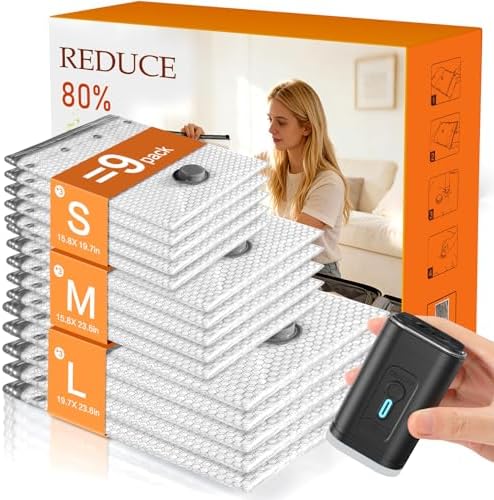 Vacuum Storage Bags 9 Pack S-L, Reusable Compression Bags with Upgraded Electric Pump, 90% More Space Saving, Moisture Dust Proof for Travel Home Closet Bedding Clothes Storage by Unknown