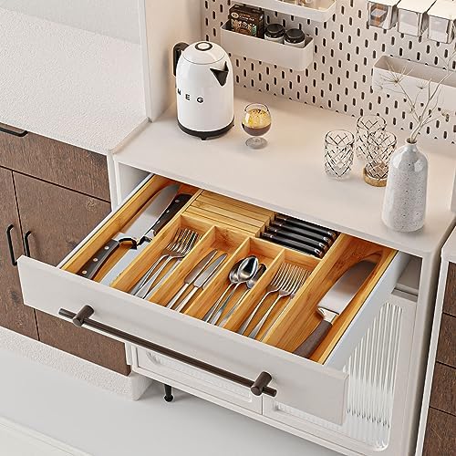 Silverware Organizer with Removable Knife Block - Bamboo Utensil Organizer for Kitchen Drawers Expandable Cutlery Organizer W12.8-20.2" x L16 x H2 (Yellow) - Image 5