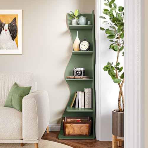 LITTLE TREE Small Corner Shelf, Modern 5-Tier Wall Corner Bookshelf, Stylish Bookcase Storage Rack for Small Space, Living Room, Bedroom, Green, 2 Pack - Image 4