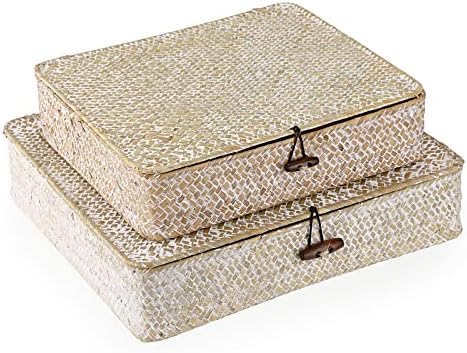 Hipiwe Set of 2 Flat Woven Wicker Basket Bins with Lid Natural Seagrass Box by Hipiwe