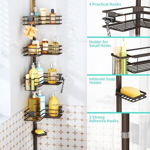 HapiRm Corner Shower Caddy Organizer - Shower Organizer Corner with Soap Holder, Toothbrush Holder and 4 Hooks, Rustproof Bathroom Shelf Tension Pole Available for 27.6 to 108.3 Inch - Bronze - Image 2