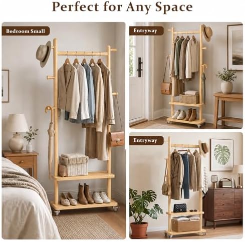 Taitiy Coat Rack Freestanding Solid Wood Clothes Rack with Wheels - Image 6