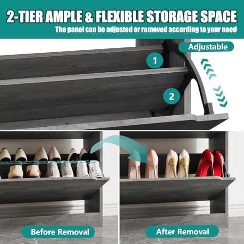 Xixini Shoe Storage Cabinet for Entryway with 2 Flip Drawers, Sturdy Wood Hidden Shoe Storage, Freestanding Narrow Slim Shoe Organizer for Front Door Entrance, Living Room, Hallway, Bedroom, Grey - Image 4