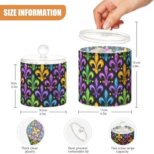 Mardi Gras Purple Green Qtip Holder Waterproof Dustproof Apothecary Jars with Lids For Bathroom Cotton Swabs Makeup Sponges Floss Picks Bath Salts 2 Pack - Image 3