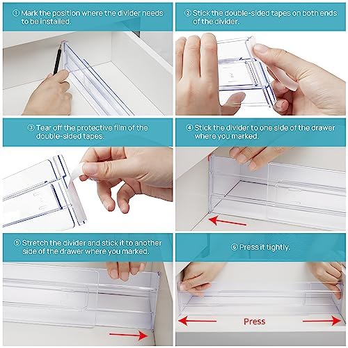 Vtopmart Drawer Dividers Organizers 4 Pack, Adjustable 3.2" High Expandable from 12.2-21.4" Kitchen Drawer Organizer, Clear Plastic Drawers Separators for Clothing, Installed by Double-sided Tape - Image 2