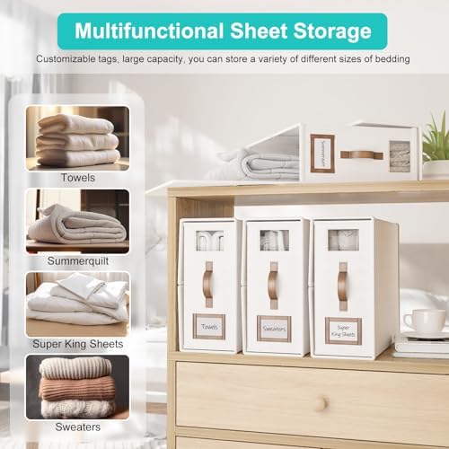 6 Pack Foldable Bed Sheets Set Organizers and Storage(Cal King Size),Linen Fabric Closet Organizers with Window,Folding Bedding Storage Box for Bedsheets and Pillow Cube Organizer-White - Image 2