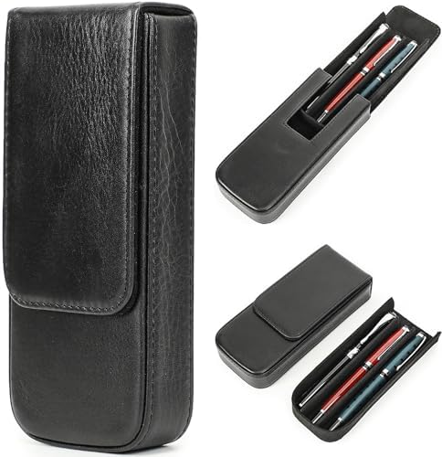 Top Grain Genuine Leather 3 Pen/Pencil Tray Case Organizer, Fashion Design No Logo, Handmade, Magnetic Closing with Drawer Design, Gift Choice for Man/Woman/Office, Glossy Black, 3 Slots by CataPurusLeatherCrafts