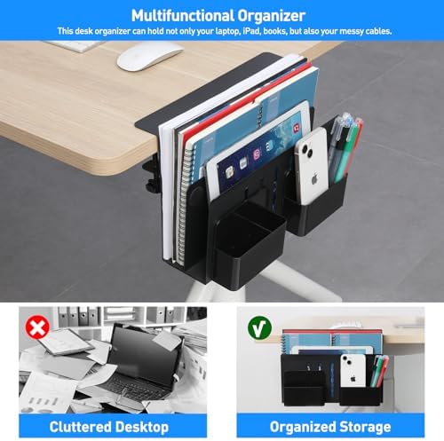 MAXECHO Desk Side Storage, Under Desk Laptop Mount, Table Side Hanging File Organizer, No Drill Clamp On Cable Management Tray, Laptop Holder with Magnetic Pen Holder for Office and Home, Load 22 Lbs - Image 3