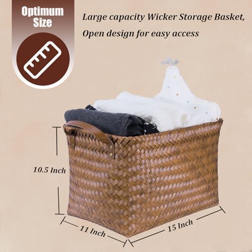 BROWNLILY Handwoven Clothes Basket Laundry Hampers Large Wicker Storage Baskets for Shelves Blankets Closet Storage Bins Car Bedroom Bathroom Organizers and Storage Bath (9, Brown) - Image 6