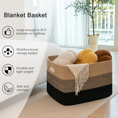 OIAHOMY 118L Extra Large Blanket Basket Cotton Rope Storage Basket Black - Image 5