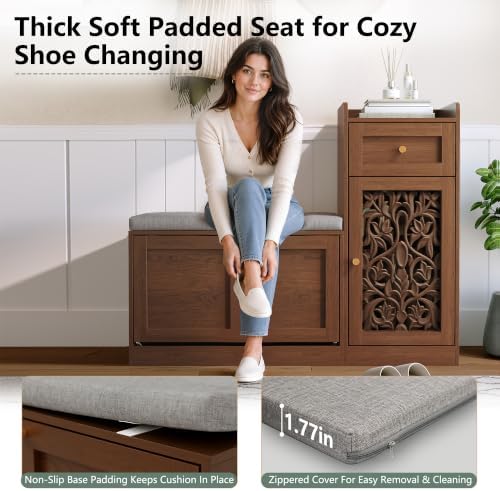 3More Vintage Carved Versatile Multi Layout Entryway Shoe Bench with Drawer - Image 5