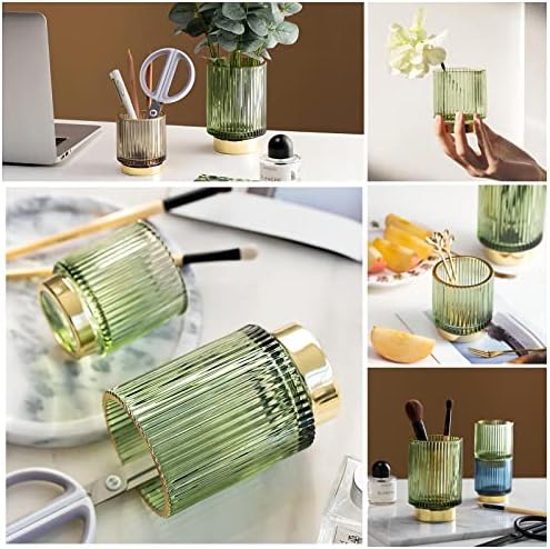 DASITON Makeup Brush holder Organizer, Crystal Cosmetic Makeup Brush Glass Brushes Storage Holder, Vintage Make Up Brush Cup Pen Pencil Holder striped vase(Green S+L) - Image 3