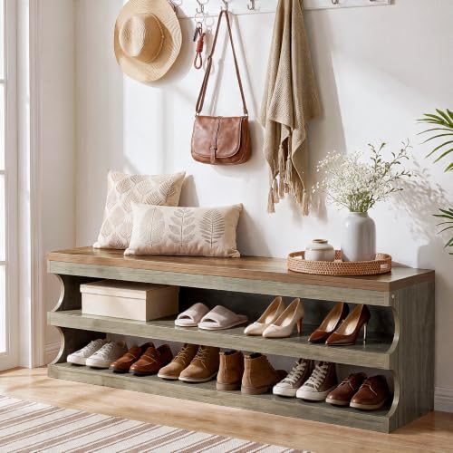 Tribesigns 55 Inch Entryway Bench with Shoe Storage, 3-Tier Shoe Rack Bench by Tribesigns