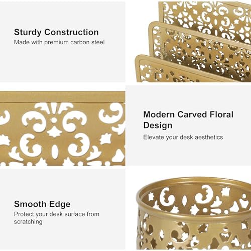 EasyPAG Desk Organizers and Accessories 5 Pieces Office Supplies Set - 2 Tier Paper Tray, Pencil Organizer for Desk, Mail Sorter Countertop, Business Card Holder and Sticky Note Holder, Gold - Image 3