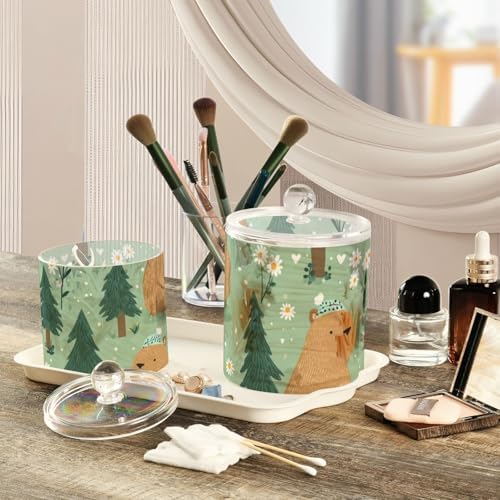 Mint Green Capybaras Pine Trees Daisies Dots Qtip Holder Waterproof Dustproof Apothecary Jars with Lids For Bathroom Cotton Swabs Makeup Sponges Floss Picks Bath Salts 2 Pack - Image 5