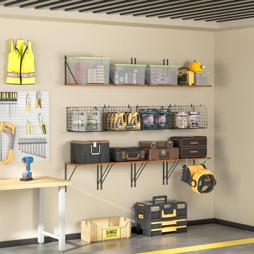 ThreeHio 2 Pack Garage Shelves Wall Mounted with Wire Storage Baskets, Heavy Duty Garage Wall Shelving with Hooks, Wooden Floating Shelves Tool Organizer for Home Garden Garage Organizers and Storage - Image 5