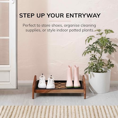 Anji Mountain Heavy Duty Waterproof Wooden Shoe Storage Mat Organizer/Boot Storage Tray Multi Use for Entryway with Coir, Tan and Black Trellis Insert, 1 Tier, Fits 2 Pair (26.5" Wide) - Image 3